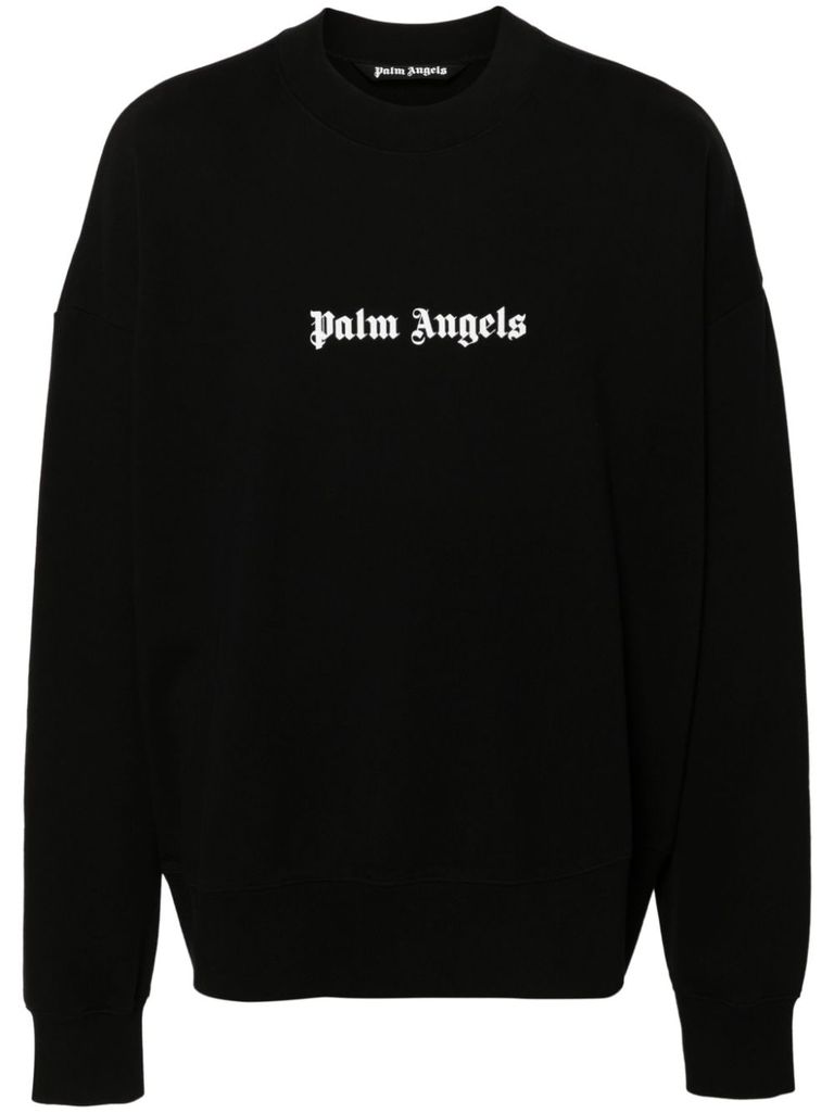 Palm Angels Black Cotton Crew Neck Sweatshirt With White Logo In Black