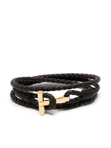 TOM FORD - Bracciale in pelle di vitello marrone intrecciata