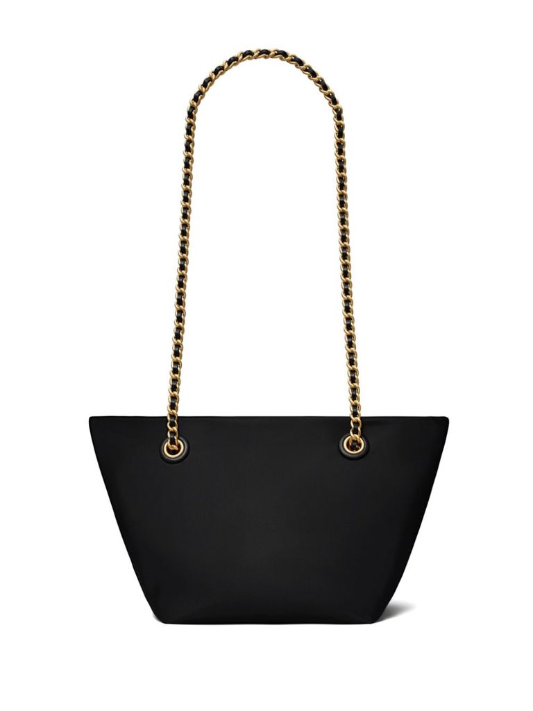 Black bag with embossed logo and shoulder strap