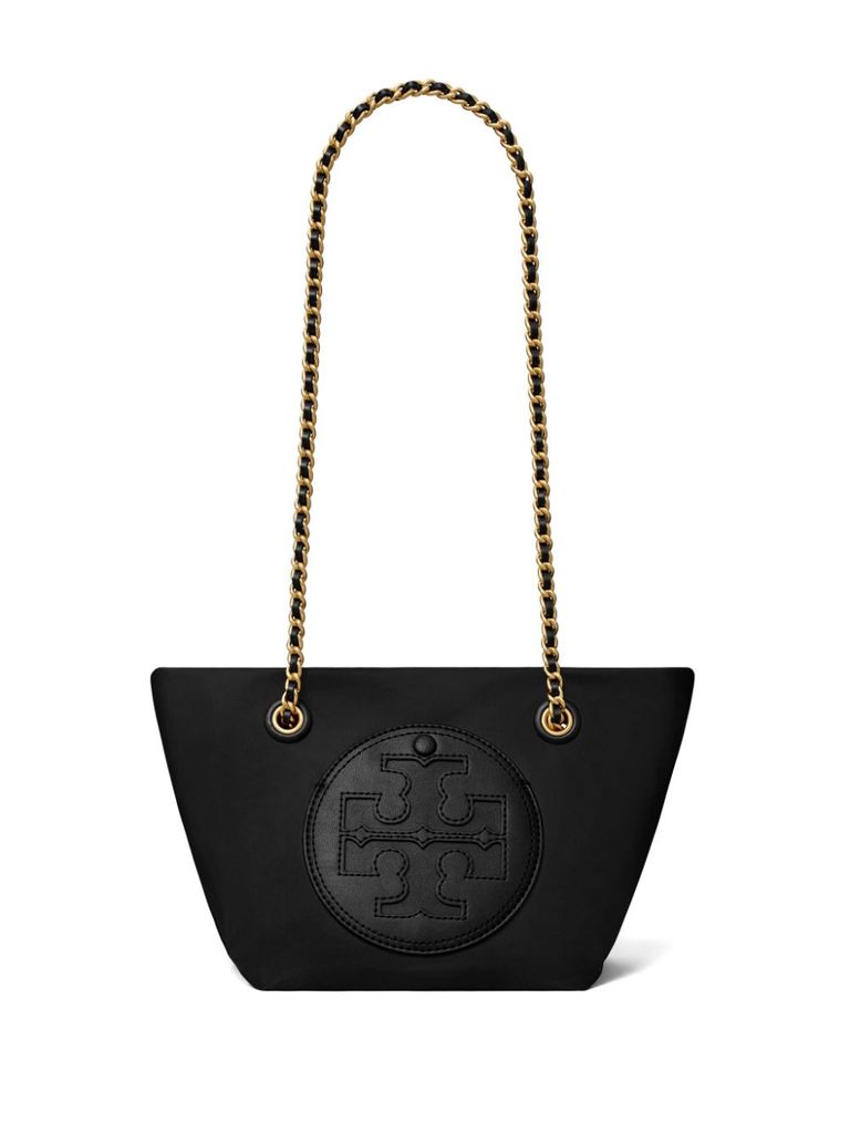Black bag with embossed logo and shoulder strap