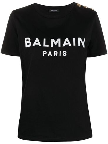 BALMAIN - T-shirt in cotone con logo stampato frontale e bottoni