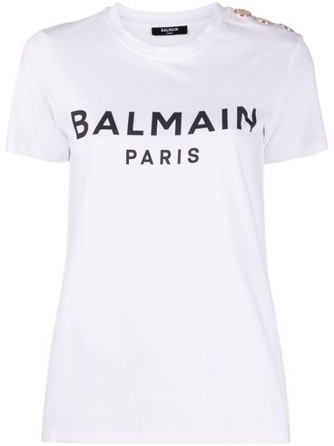 BALMAIN - T-shirt in cotone con logo stampato frontale e bottoni