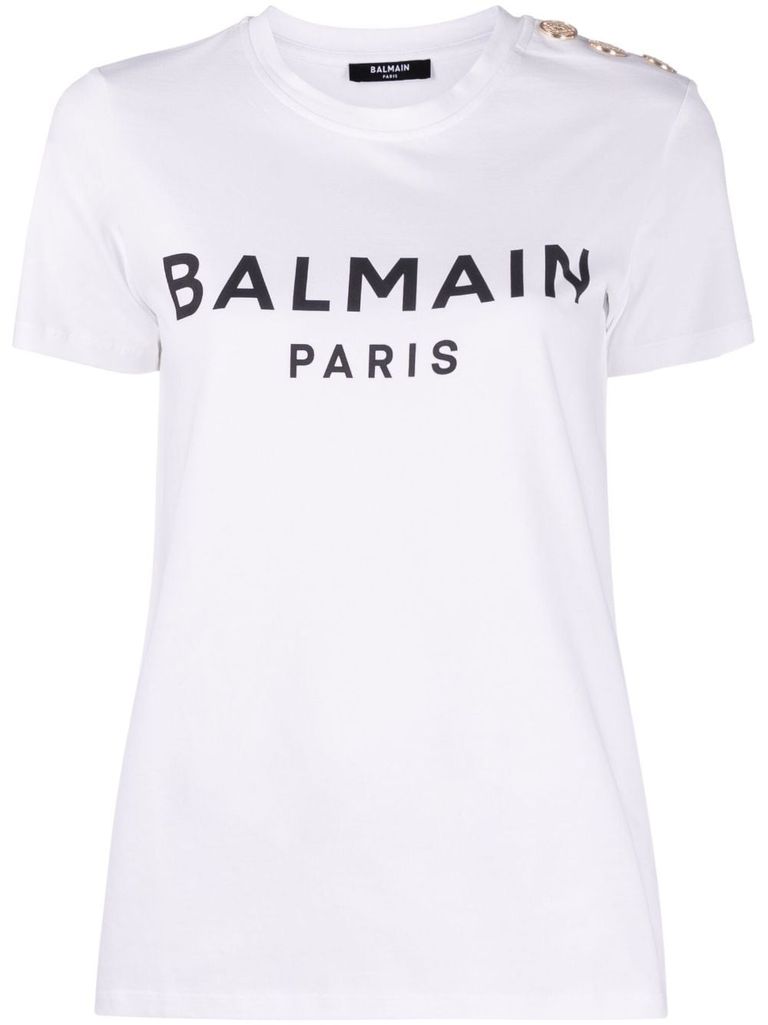 Shop Balmain Cotton T-shirt With Front Printed Logo And Buttons In White