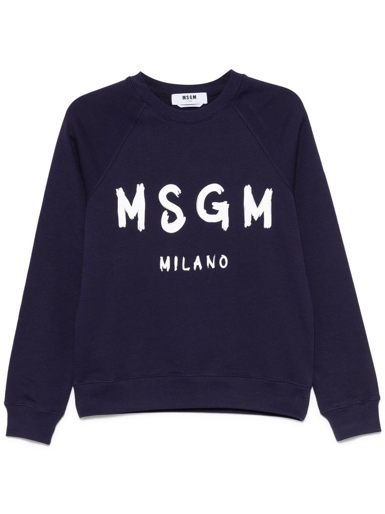 Msgm Black Crewneck Sweatshirt With Logo Print In Blue