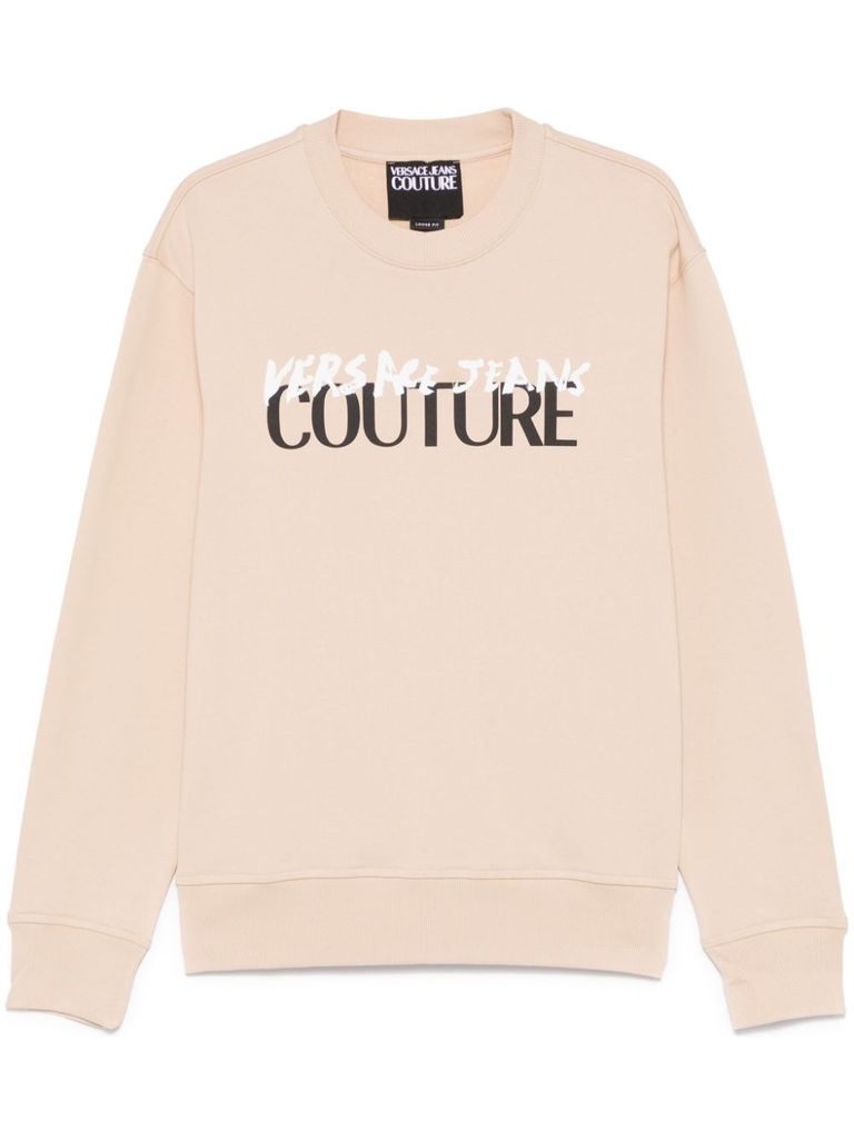 Shop Versace Jeans Couture Beige Cotton Crewneck Sweatshirt With Logo