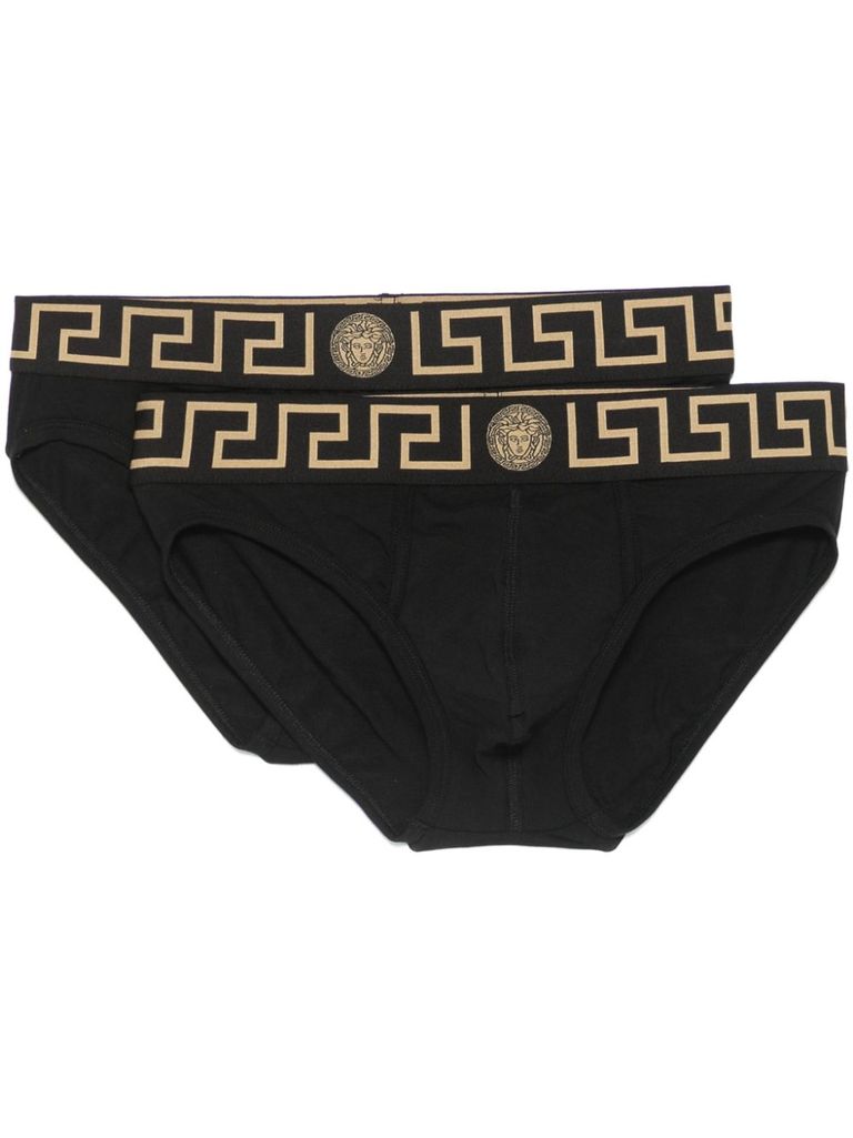 VERSACE BLACK COTTON BRIEFS SET OF TWO WITH GRECA PATTERN