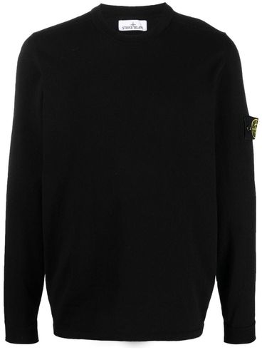 STONE ISLAND - Black cotton crewneck sweater with logo