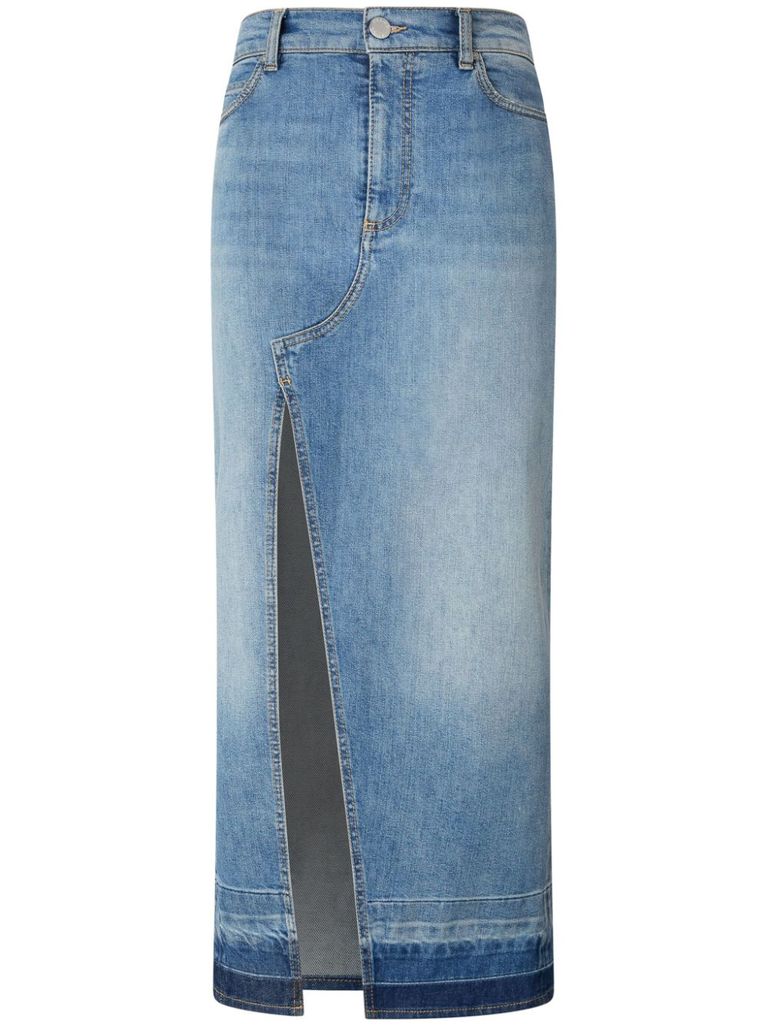Shop Pinko Long Denim 'il Cairo' Skirt With Slit In Blue