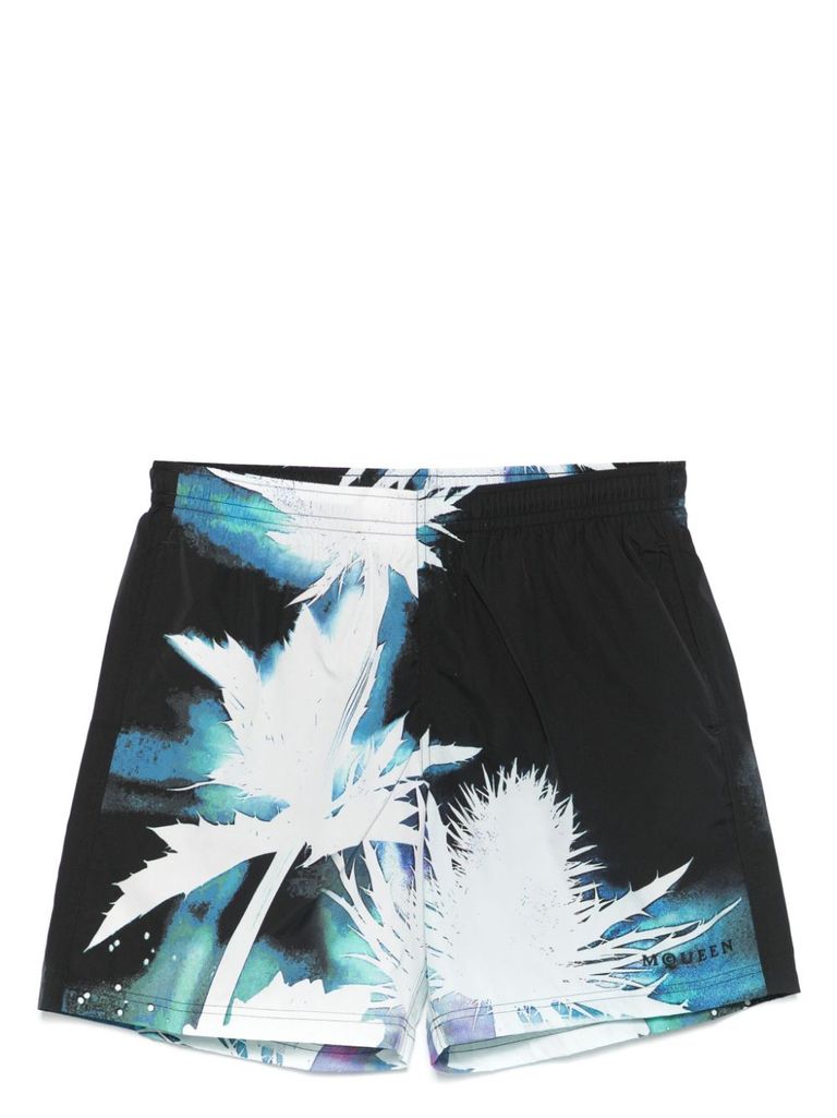 Shop Alexander Mcqueen Black Swimsuit With Light Blue And White Print