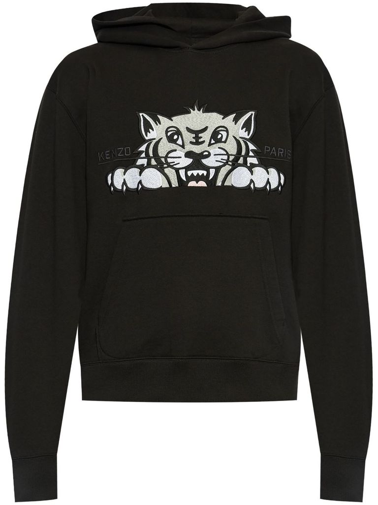 Kenzo Black Cotton Hoodie With Tiger Design In Black