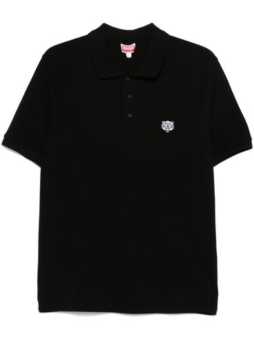 KENZO - Polo in cotone nero con logo tigre ricamato