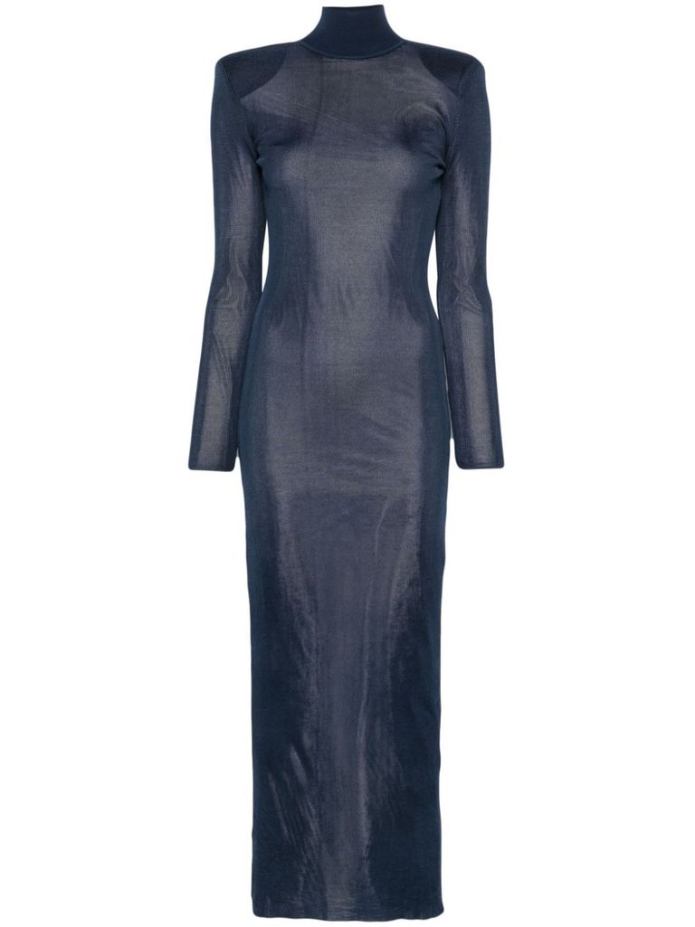 Self-portrait Ribbed Lurex Knit Turtleneck Maxi Dress In Blue