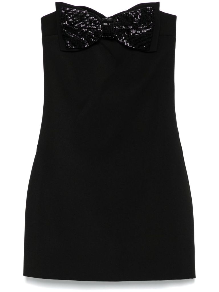 Self-portrait Black Sleeveless Mini Dress With Bandeau And Beaded Oversize Bow In Tech Fabric Woman In Black