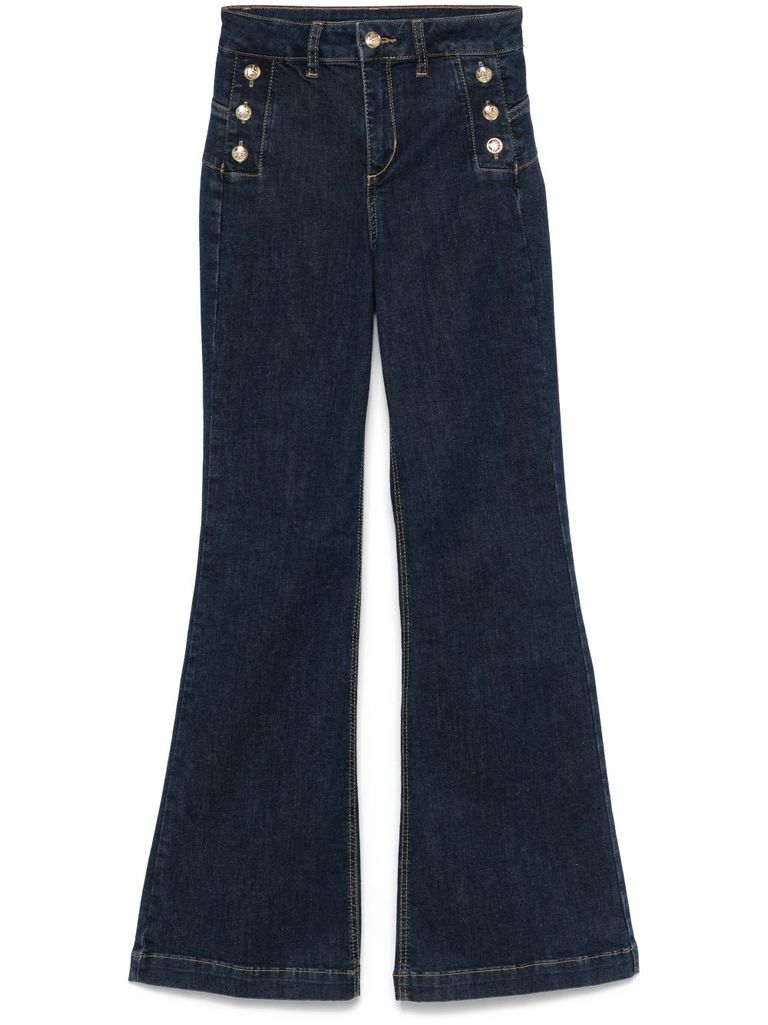 Shop Liu •jo Dark Blue Flared Jeans With Silver Buttons
