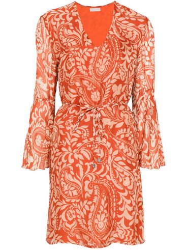 LIU JO - Short multicolored orange dress with V-neck