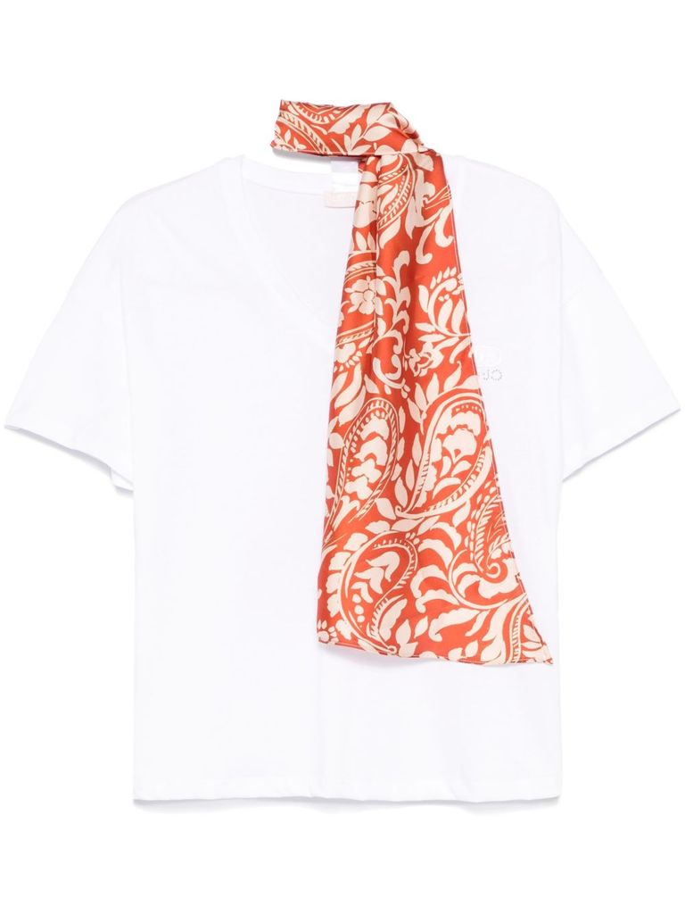 LIU •JO WHITE T-SHIRT WITH MULTICOLORED SCARF