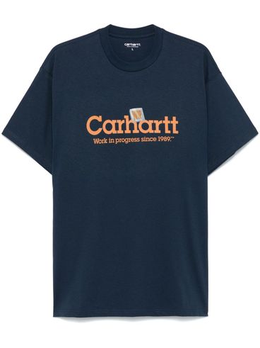 CARHARTT WIP - Blue cotton t-shirt with orange print