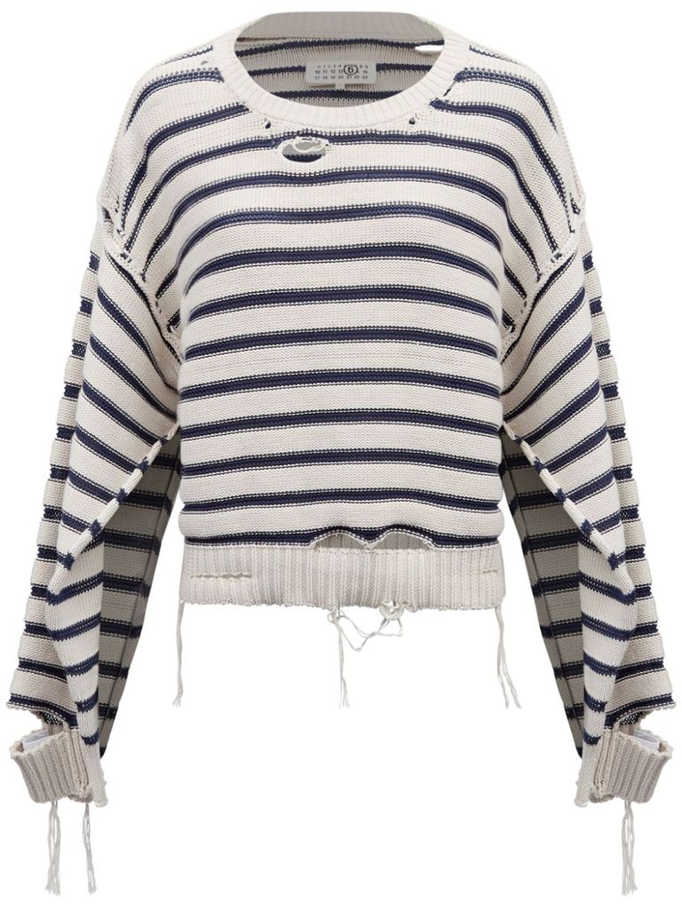 Mm6 Maison Margiela White And Blue Striped Sweater With Cut-out Details In White