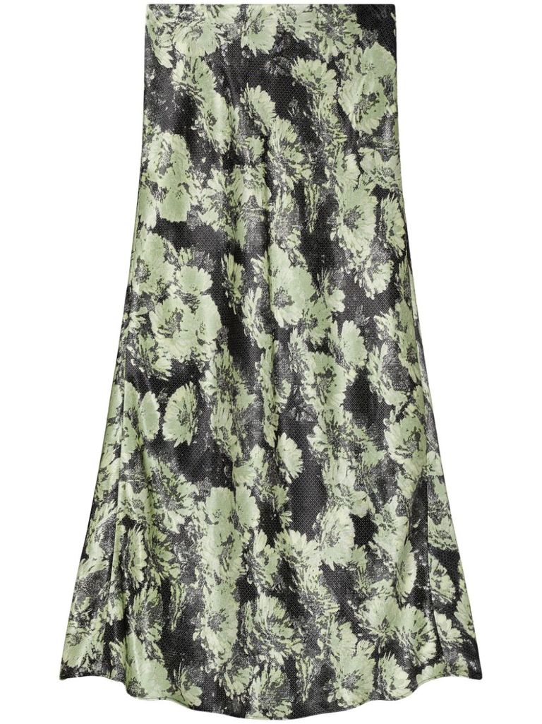 Tory Burch Floral Print Satin Midi Skirt In Green