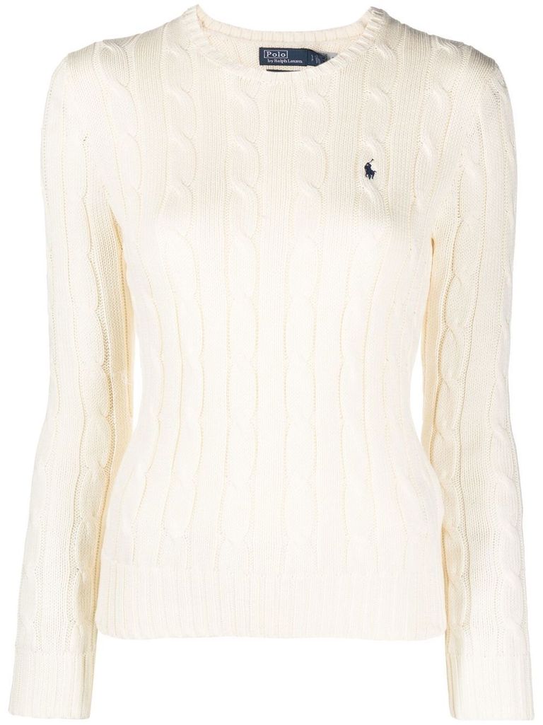 Polo Ralph Lauren White Crewneck Sweater With Embroidered Logo In Beige