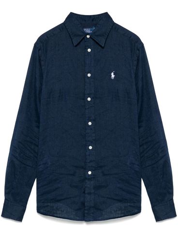 POLO RALPH LAUREN - Blue linen shirt with embroidered Pony logo