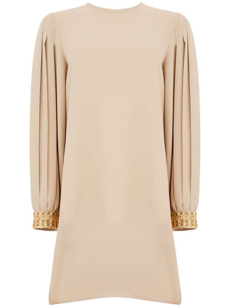 Max Mara Crew Neck Monogram Pattern Puffed Sleeves Dress In Beige