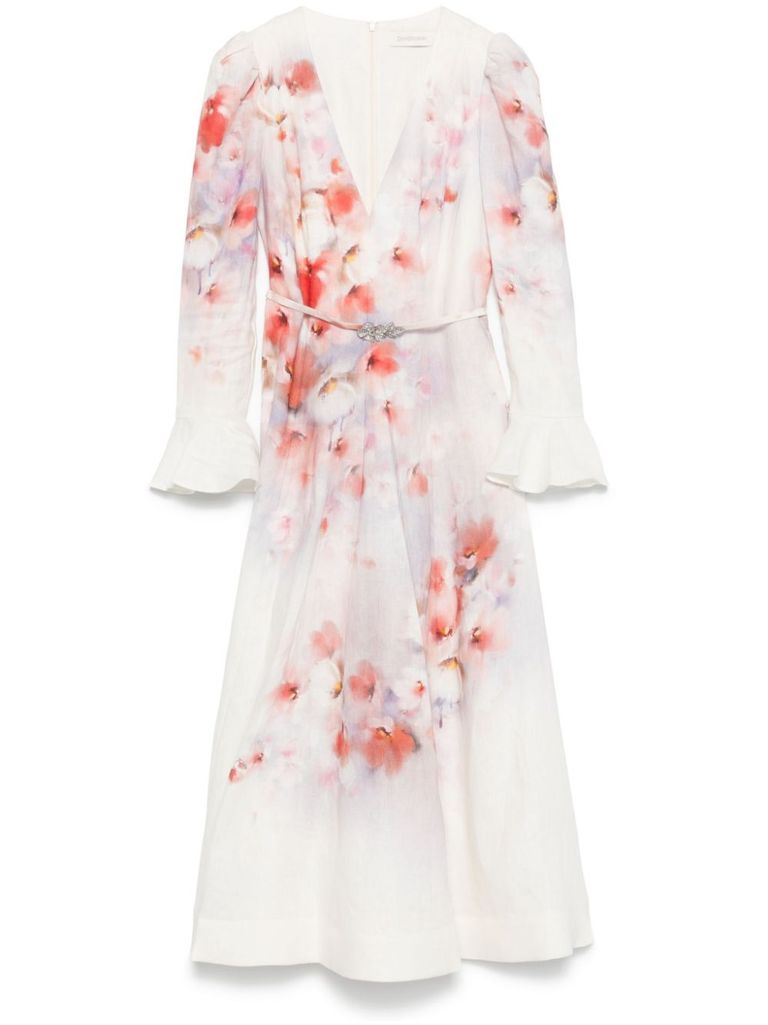Shop Zimmermann Flower Printed Crush Midi Dress In Linen In White