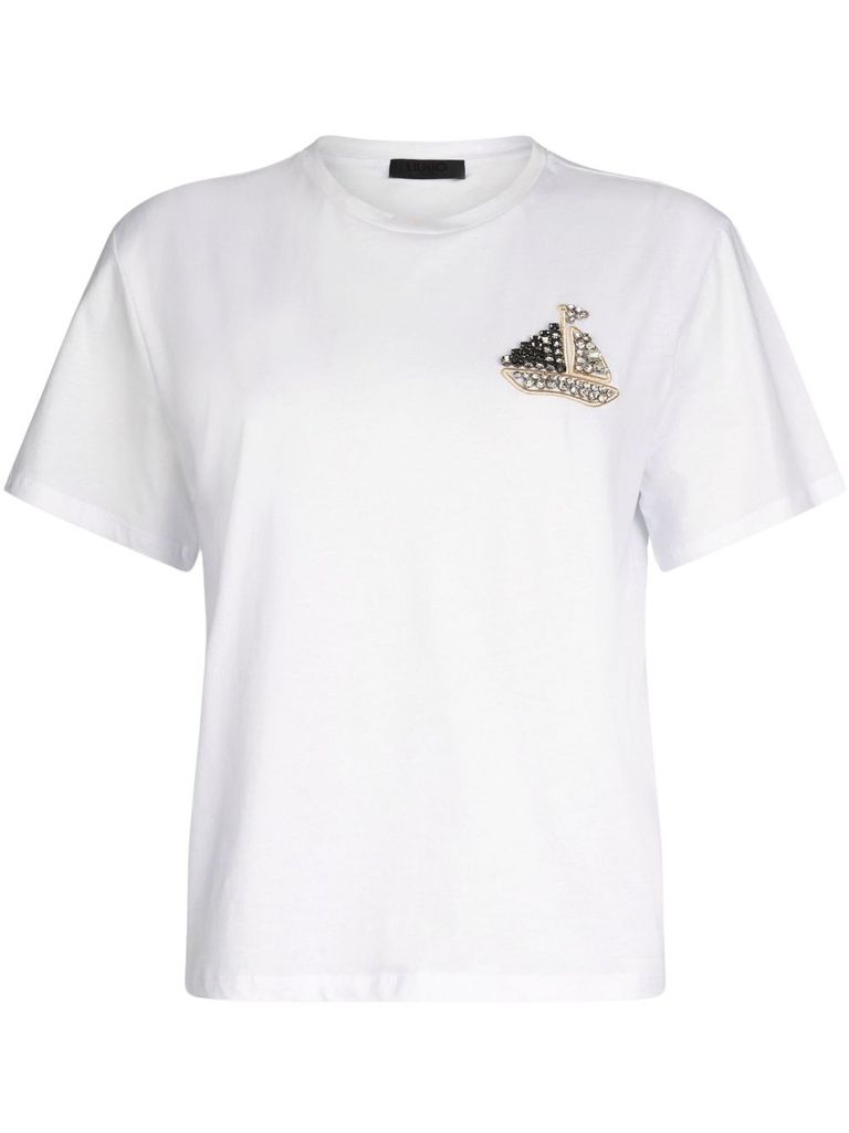 Liu •jo Cotton T-shirt With Embroidery And Rhinestones In White