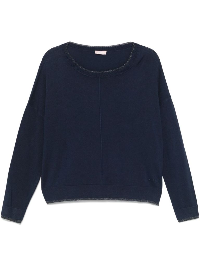 Liu •jo Navy Blue Crew-neck Sweater With Finishes In Blue