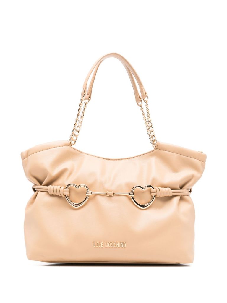 Love Moschino Beige Faux Leather Shoulder Bag With Metal Hearts In Beige