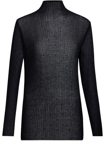 LIU JO - Black semi-transparent ribbed cotton top with rhinestones