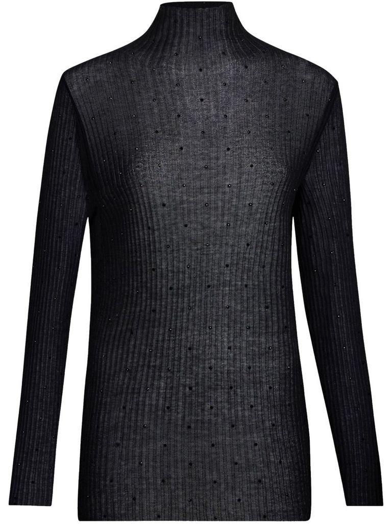 Liu •jo Liu Jo Black Semi-transparent Ribbed Cotton Top With Rhinestones In Black