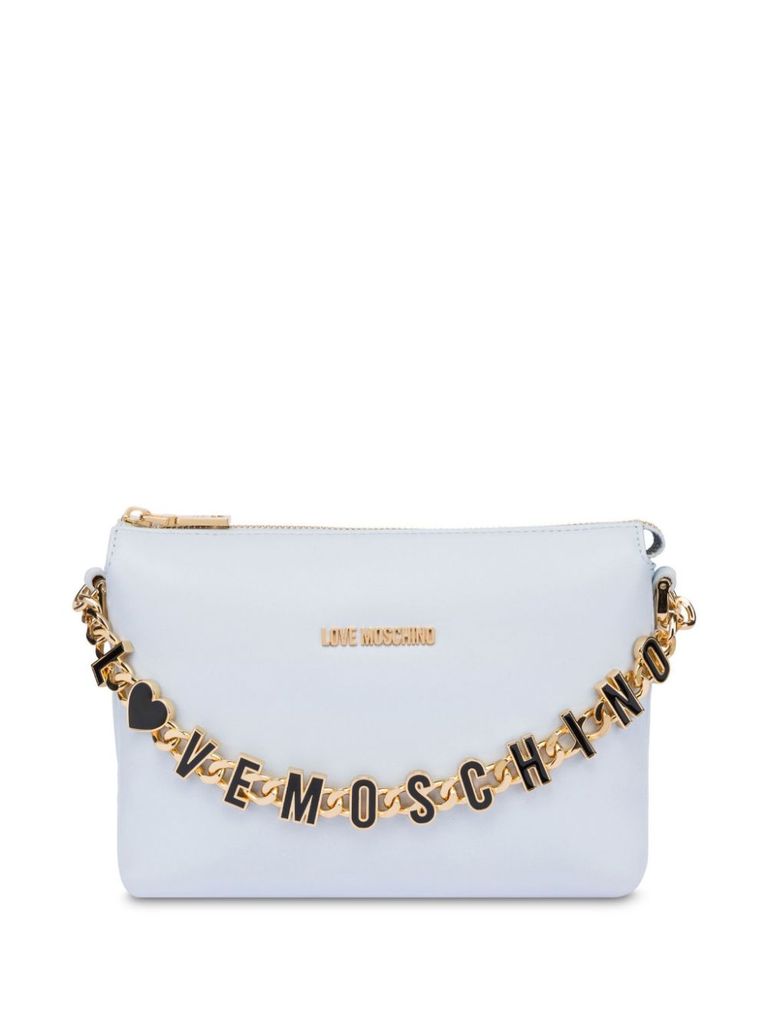 Shop Love Moschino Light Blue Shoulder Bag With Gold Chain And Black Logo