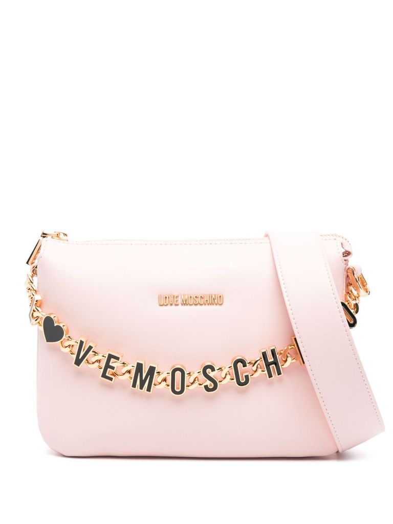 Shop Love Moschino Beige Shoulder Bag With Gold Chain And Black Logo In Pink