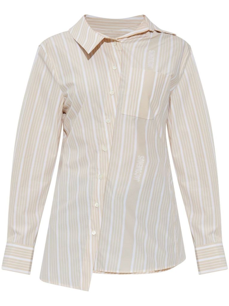 Jacquemus Pablo Striped Asymmetric Spread Collar Shirt In Beige