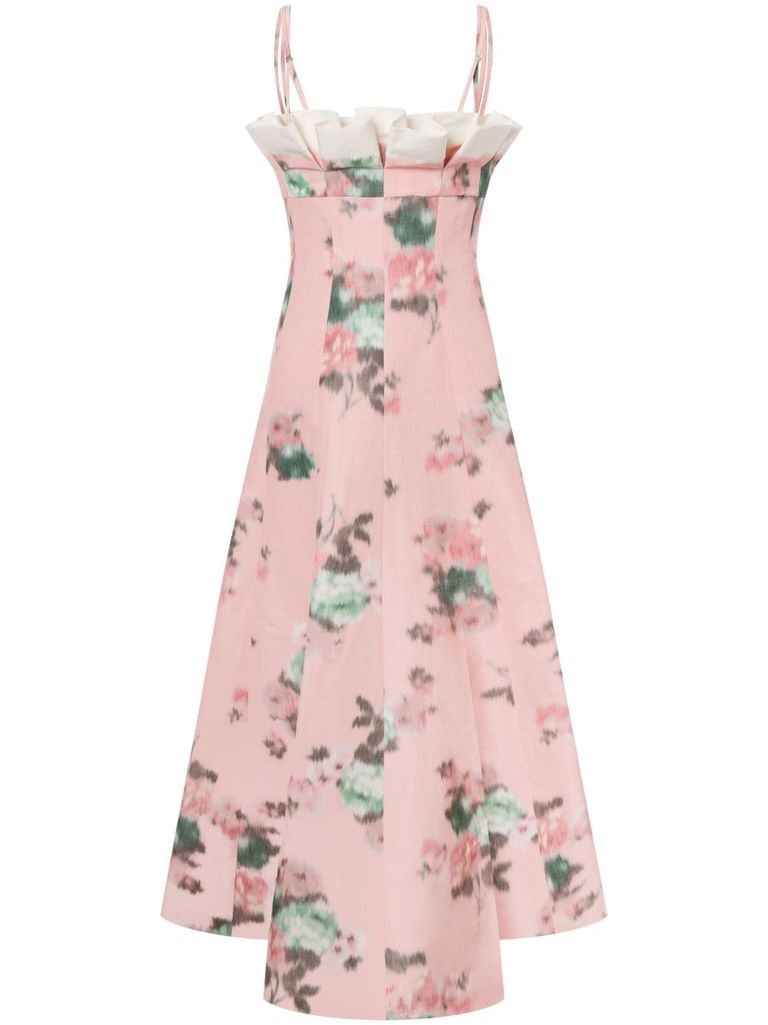 Shop Philosophy Di Lorenzo Serafini Pink Flared Linen Midi Dress With Flowers In Multicolour