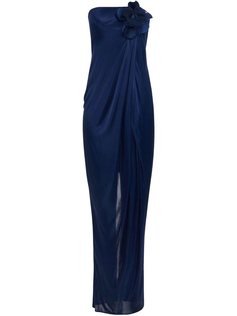 ELISABETTA FRANCHI LONG BLUE GOWN WITH A FRONT SLIT 