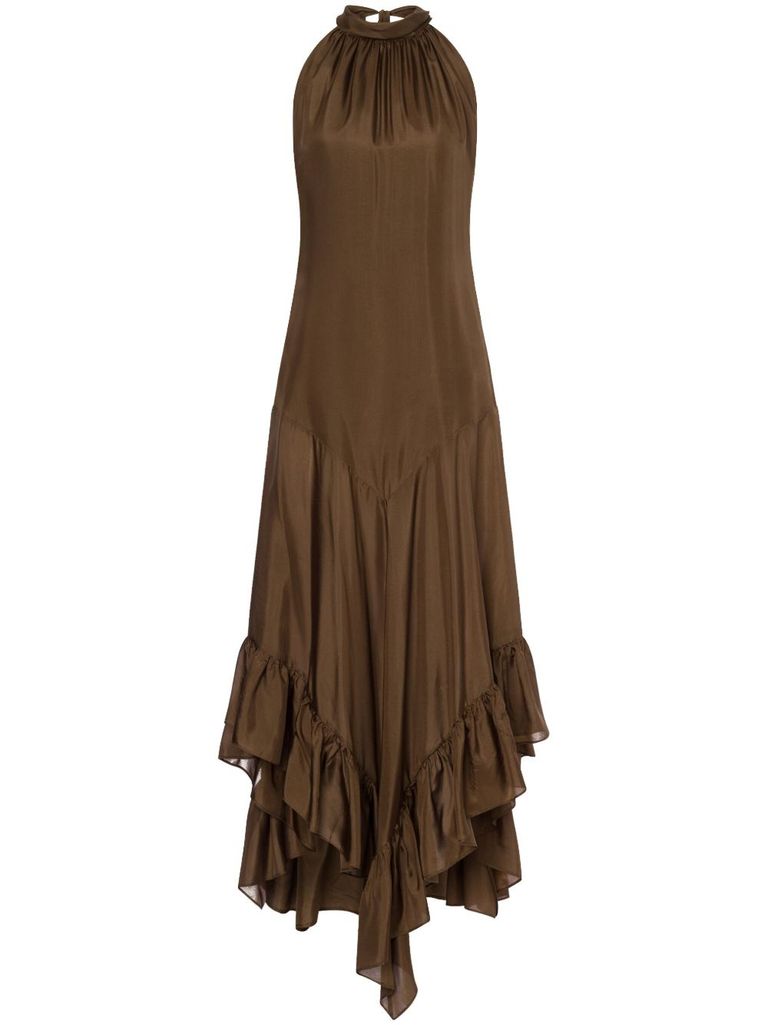 Philosophy Di Lorenzo Serafini Brown Silk Long Dress With Ruffles In Brown