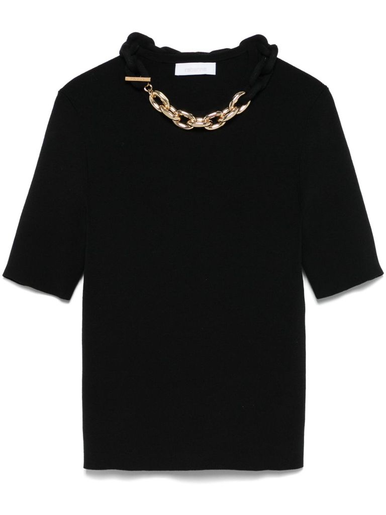 RABANNE BLACK SILK AND COTTON T-SHIRT WITH CHAIN