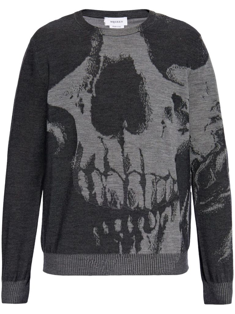 Alexander Mcqueen Skull Intarsia Wool Melange Crewneck Sweater In Grey