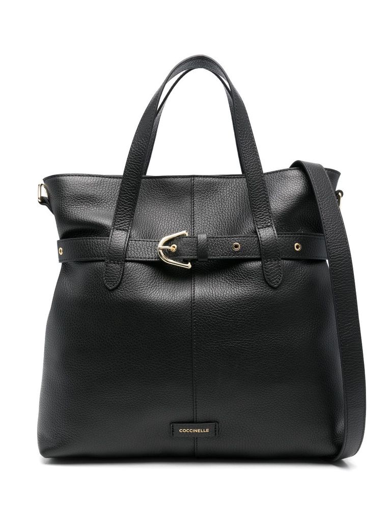 Shop Coccinelle Black Leather Tote Bag With Belt