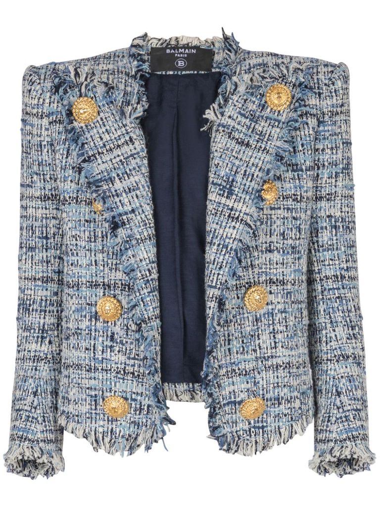 Balmain Spencer Button-embellished Frayed Cotton-blend Tweed Blazer In Blue