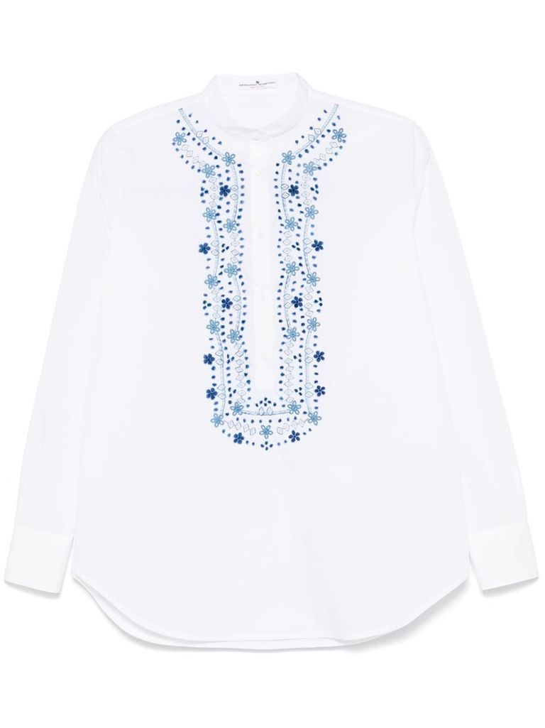 Ermanno Scervino Mandarin Collar Shirt With Intricate Blue Embroidery In White