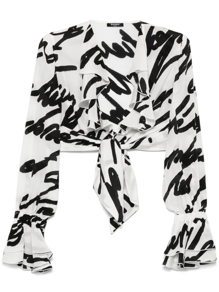 Balmain Love Letter Print Silk Cropped Top In White