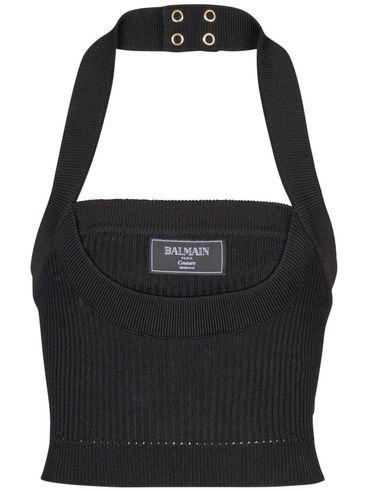 BALMAIN - Black ribbed top with logo tag