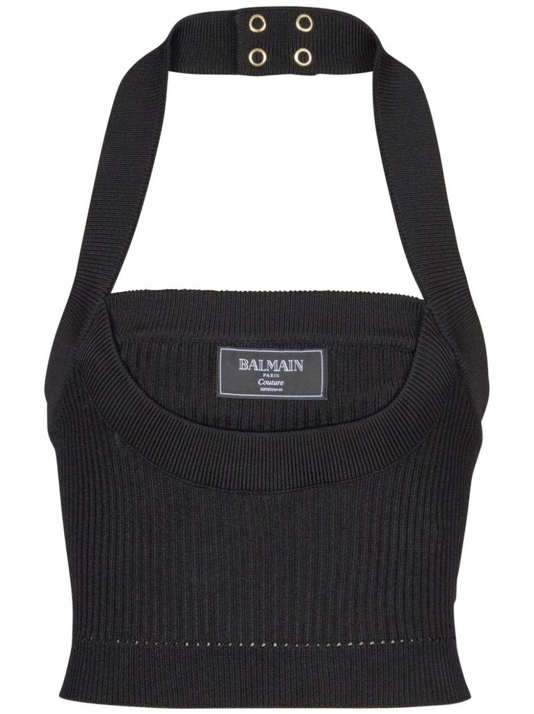 Shop Balmain Black Ribbed Top With Logo Tag