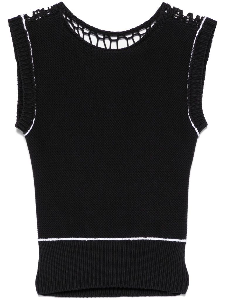 Shop Mm6 Maison Margiela Black Ribbed Knit Top With Mesh Inserts