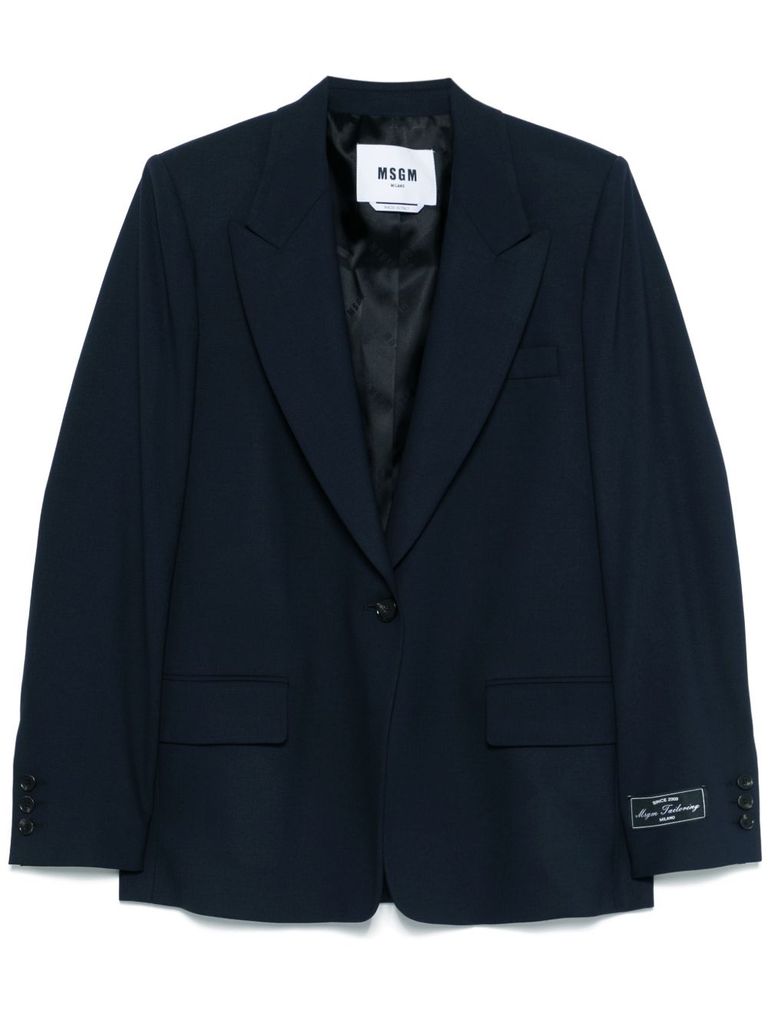 Msgm Single-breasted Blue Wool Blazer With Logo Label In Blue