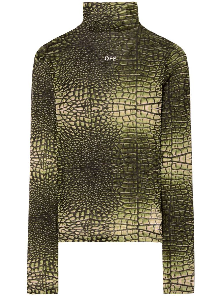 Off-white High-neck T-shirt With Crocodile Skin Print In Green