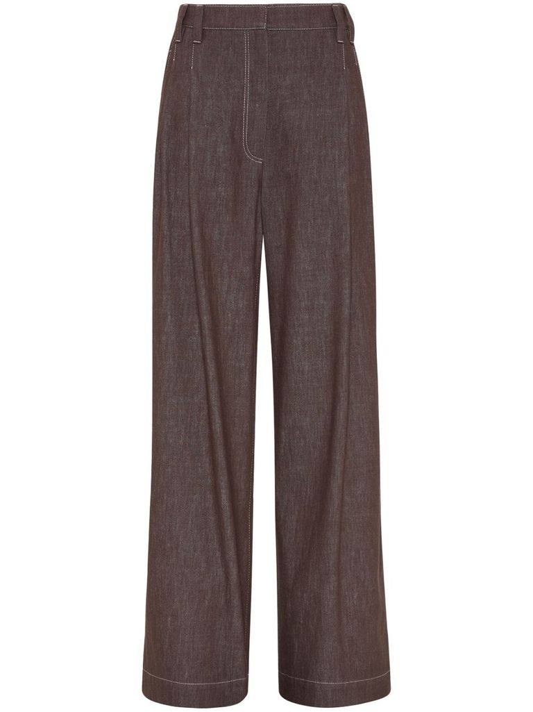BRUNELLO CUCINELLI COTTON WIDE LEG DENIM EFFECT PANTS IN BROWN 